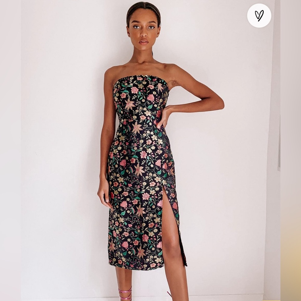 Lulu’s Make a Move Black Satin Floral Jacquard Strapless Midi Dress NEVER WORN!